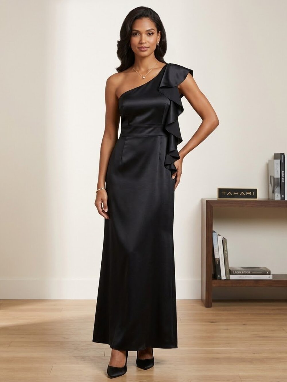 Tahari Arthur Levine NWT silk ruffle one shoulder black Christy maxi dress 10
